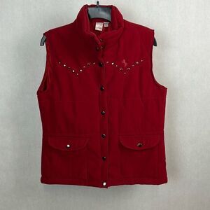 Cowgirl Up Womens Vest Sz Large Red Equestrian Snaps Pockets Polyester Suede